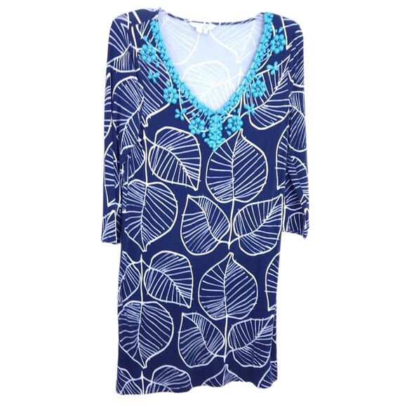 Boden Dresses & Skirts - Boden Leaf Print Dress Size 6 Blue White With Embellished Beaded Neckline